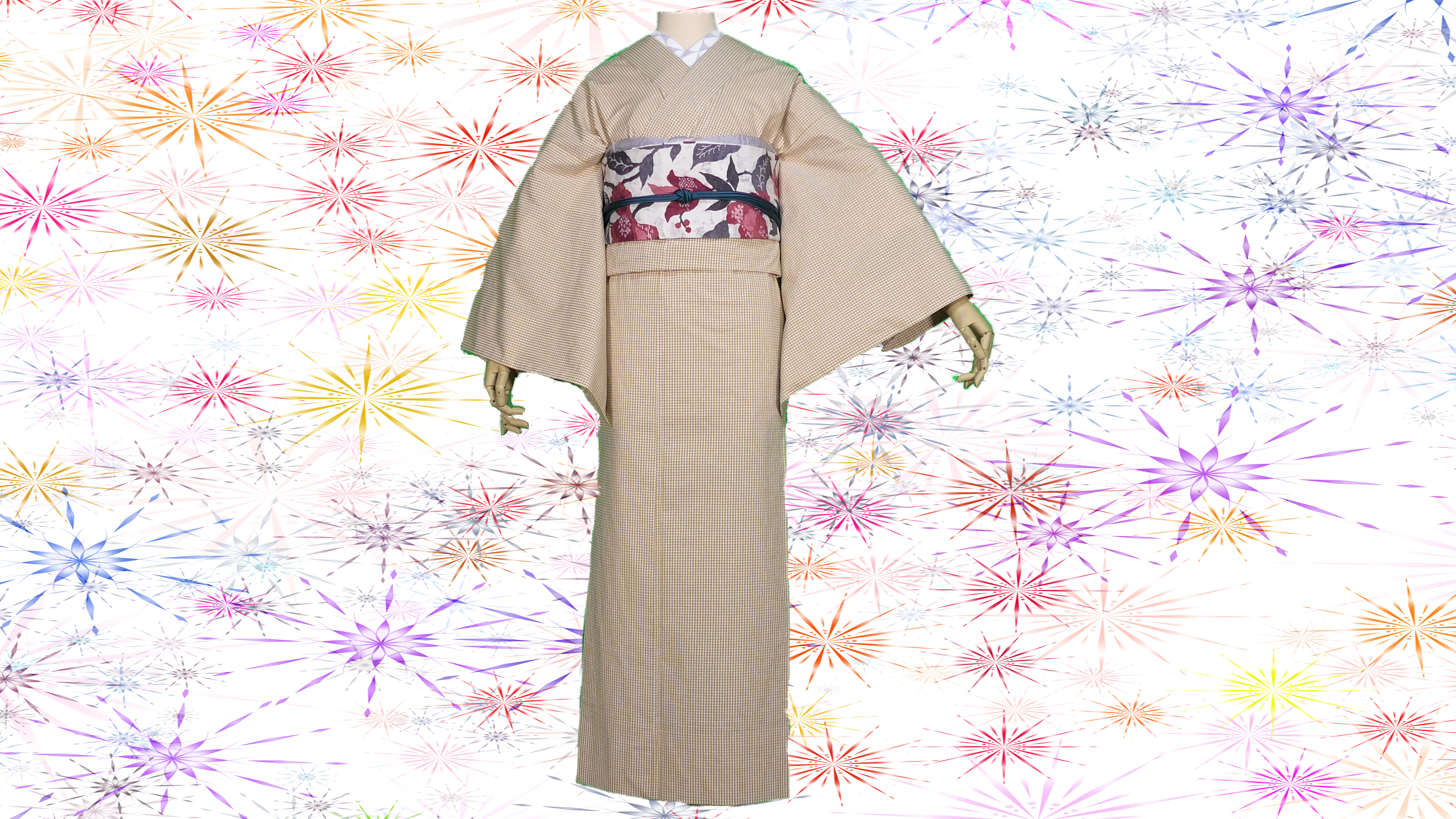 32 綿100%、ギンガムチェックの単衣の着物