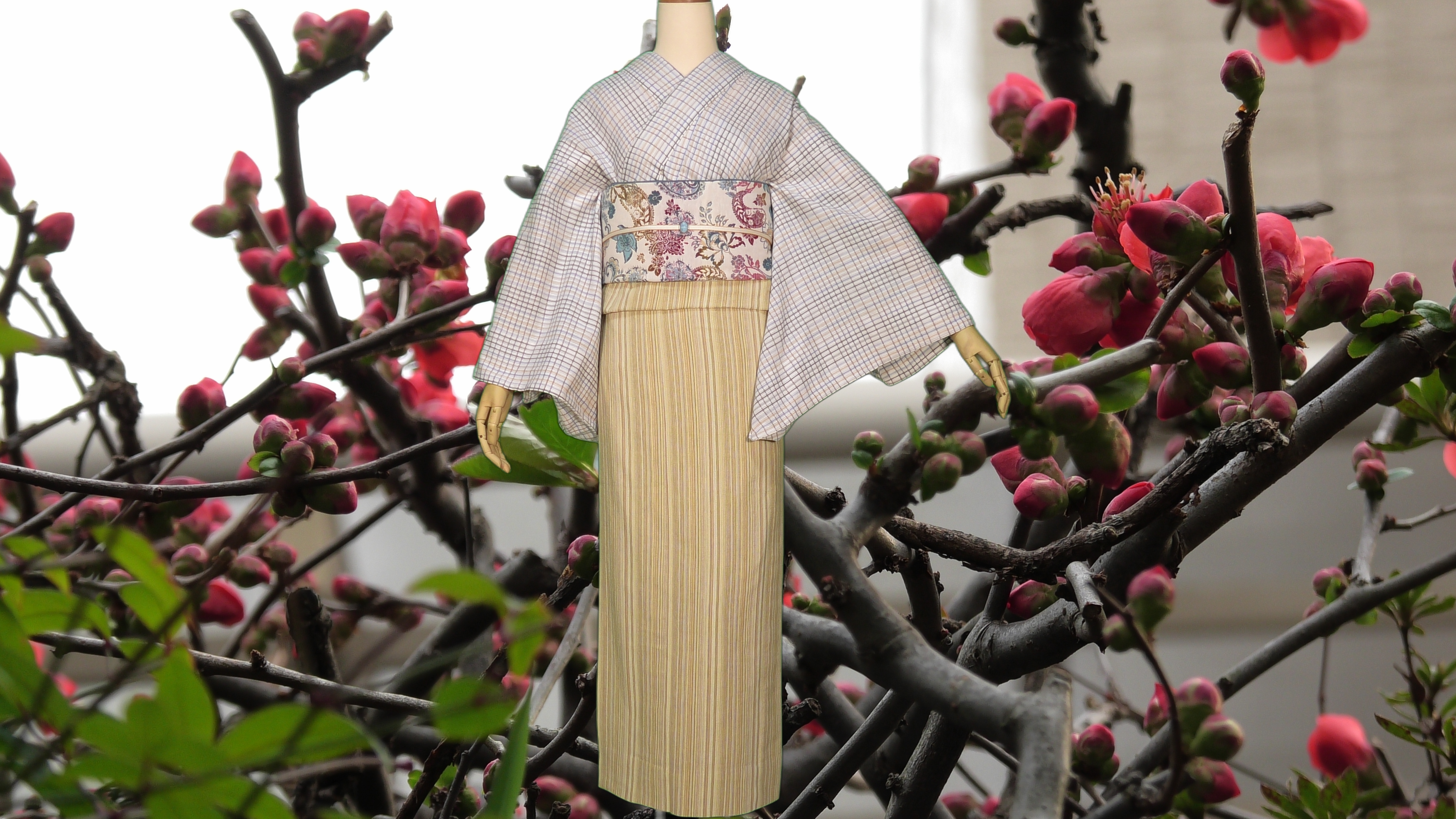 33 白地のチェックとゆず色の縦縞のしじら織の上下色柄違いの単衣の着物